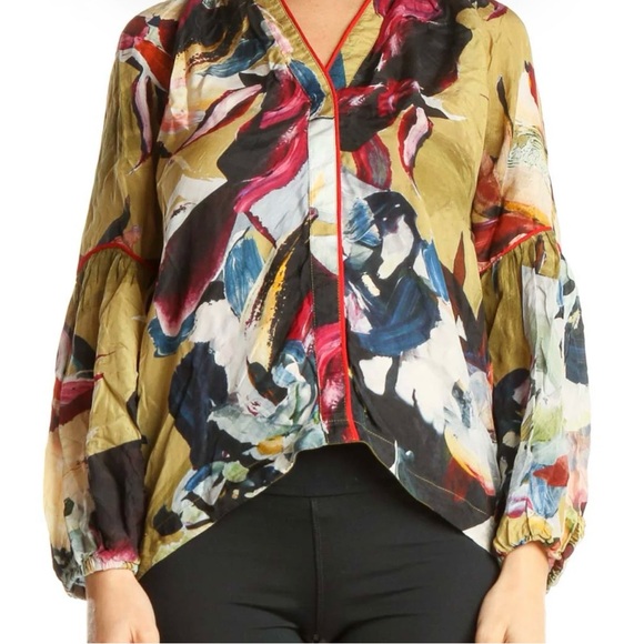 Anthropologie Vineet Bahl Retro Print Floral 100% Silk Blouse Top Size Medium - Picture 3 of 13